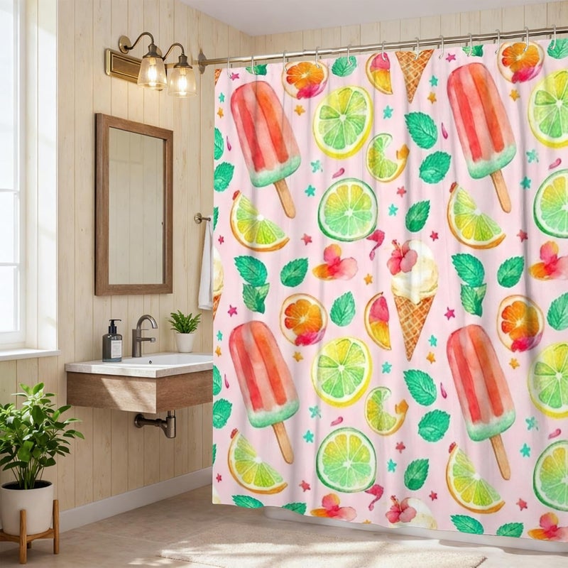 Popsicle Shower Curtain, Summer Playful Lime Ice Cream Cone Summer Peach Washable with Hooks Clawfoot Tub Shower Curtains for Bathroom Toile Guest Room Decor 72x84 Inch - Image 2