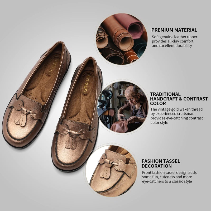 Artisure Women's Classic Metallic Rose Gold Genuine Leather Penny Loafers Fashion Tassel Boat Shoes Comfort Driving Moccasins Casual Slip On Walking Flats 9 M US 1003-MGJ090 - Image 5