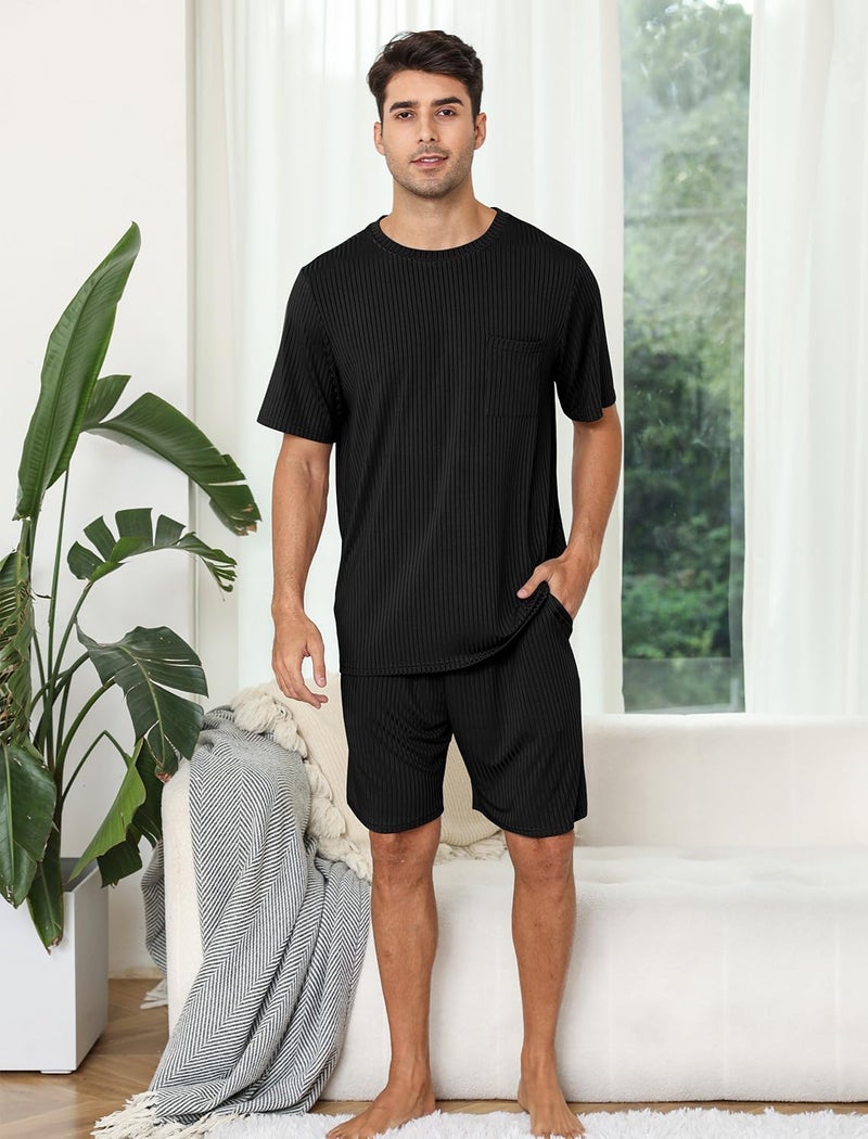 EISHOPEER Mens Ribbed Knit Sleepwear Pajamas Set Loungewear Short Sleeve Lounge Set 2 Piece PJ Sets Black Large - Image 5