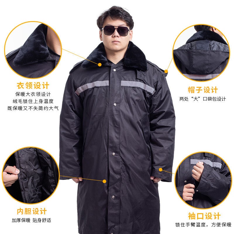 Security Guard Cotton-Padded Jacket Work Clothes Long Mid-Length Thickened Winter Clothing With Reflective Strip Long Security Guard Cotton-Padded Jacket - Image 3