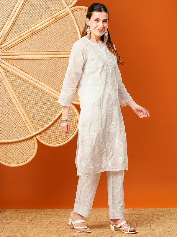 Ada Hand Embroidered Lucknowi Chikankari Cotton Kurti Kurta for Women A411617 Off White (S) - Image 4