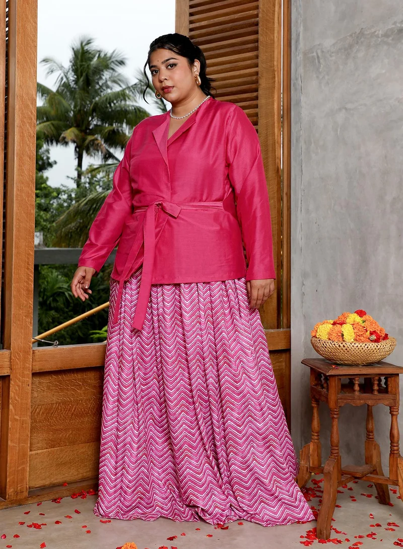 Instafab Plus Instafab Plus Women's Fuchsia Pink Chevron-Wrap Co-Ord Set For Ethnic Wear | Lapel Collar, Long Regular Sleeves | Solid Plain Fabric | 2 Piece Co-Ords For Evening & Party Wear
