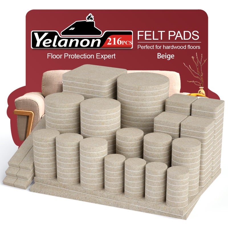 Yelanon Felt Furniture Pads for Hardwood Floors 216 Pcs Premium Felt Pads for Chair Legs Floor Protectors for FurnitureBeige