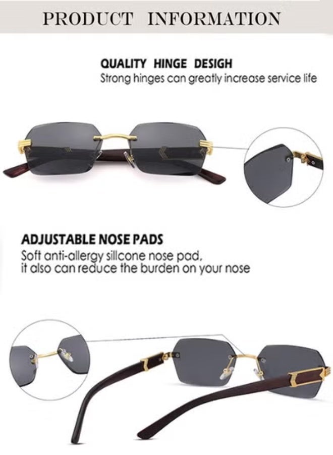 AZorb Rimless Sunglasses Women Men Wood Grain Frameless Fashion Sun Glassess Mens Womens Rectangle Men's Sunglasses Ladies Sunglass Vintage Eyewear UV400 Protection Shades Tinted Gradient Lens Black - Image 5