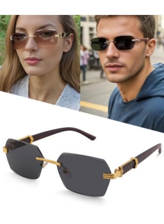 AZorb Rimless Sunglasses Women Men Wood Grain Frameless Fashion Sun Glassess Mens Womens Rectangle Men's Sunglasses Ladies Sunglass Vintage Eyewear UV400 Protection Shades Tinted Gradient Lens Black - Image 1