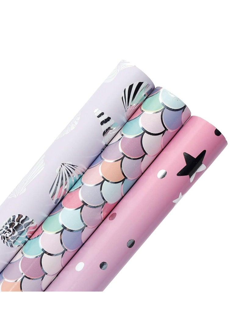 Birthday Wrapping Paper Folded, Mermaid Wrapping Paper, 3 Different Design Gift Wrap Paper, for Weddings Graduation Anniversaries, Birthday, Baby Shower (17 Inch X 120 Inch Per Roll) - Image 1