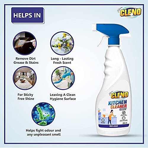 Cleno Kitchen Cleaner Spray Cleans Sticky Dirt from Gas Stove/Kitchen Sink/Slab/Exhaust Fans & Cabinets/Tiles/Platforms/Granite Tops/Stovetops, 450 ml - Image 3