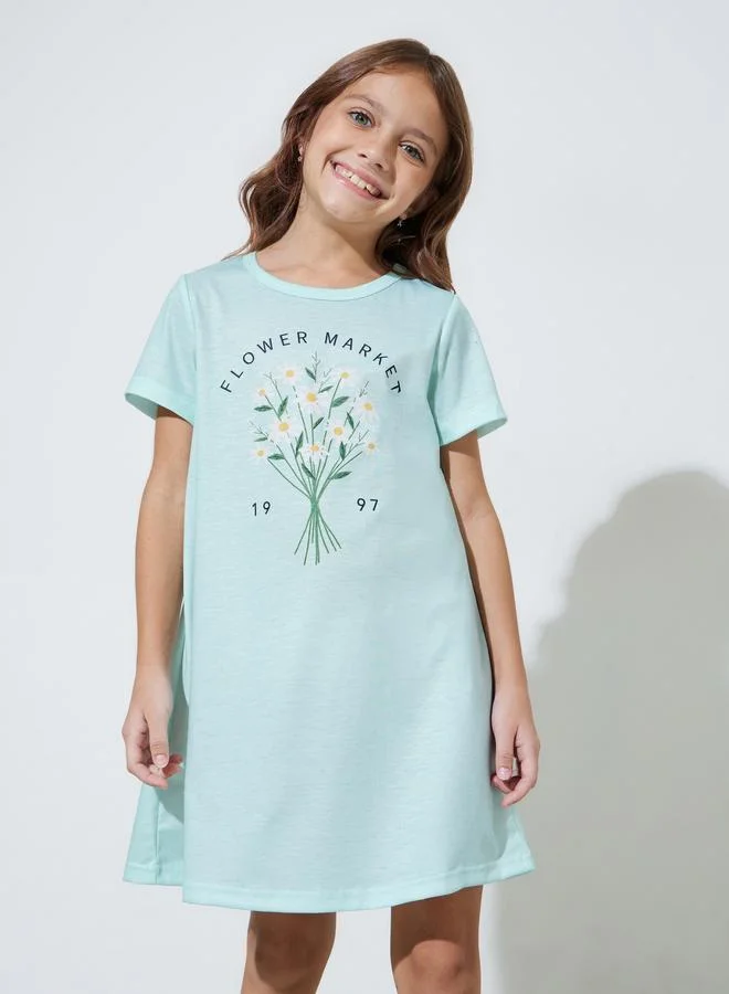 Styli Girls Mint Green Graphic Print Short Sleeves Sleep Dress