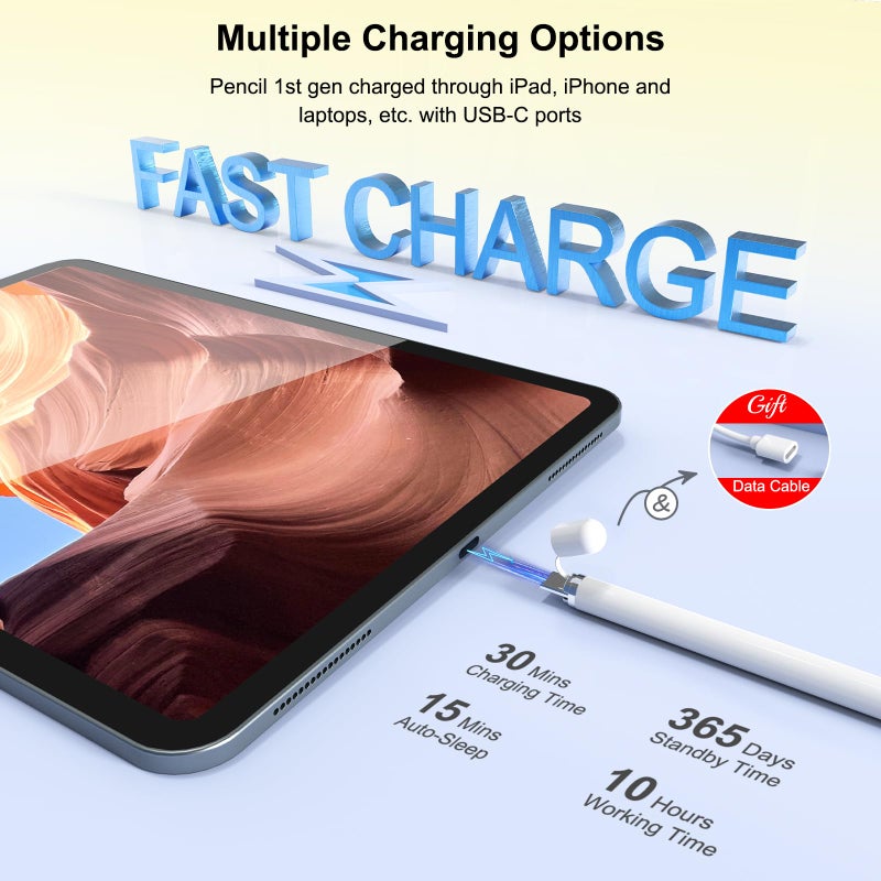 HATOKU Pencil 1st Generation for iPad A16 (2025-2018), Pencil USB C Fast Charging and Magnetic with Tilt Sensitivity & Palm Rejection for iPad Air 3/4/5/M2/M3, Mini 5/6/7, i-Pad 6-11, Pro 11/12.9"/M4 (White) - Image 4