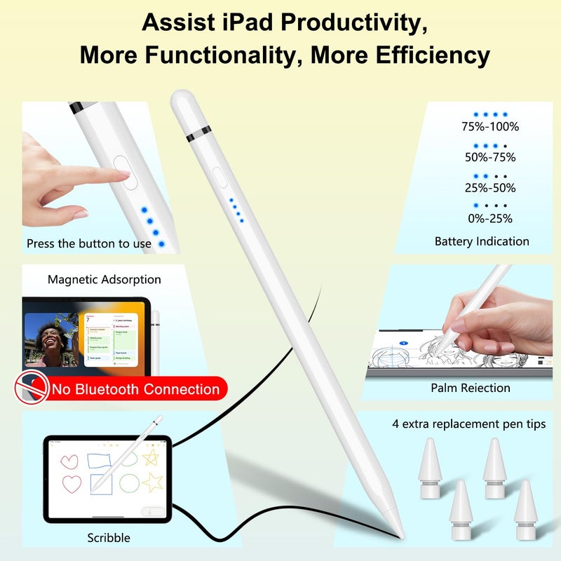 HATOKU Pencil 1st Generation for iPad A16 (2025-2018), Pencil USB C Fast Charging and Magnetic with Tilt Sensitivity & Palm Rejection for iPad Air 3/4/5/M2/M3, Mini 5/6/7, i-Pad 6-11, Pro 11/12.9"/M4 (White) - Image 3