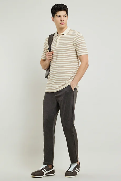 أر أند بي Textured Tapered Fit Pants with Button Closure