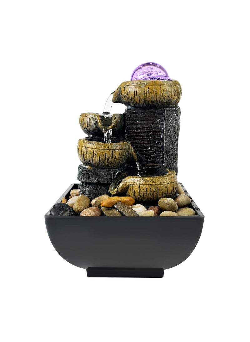 Tabletop Fountain 4 Tier Waterfall Function Indoor Zen Meditation Desktop Rocks Decorated with Colored Lights and Rolling Ball for Home Office Decoration  - Image 1