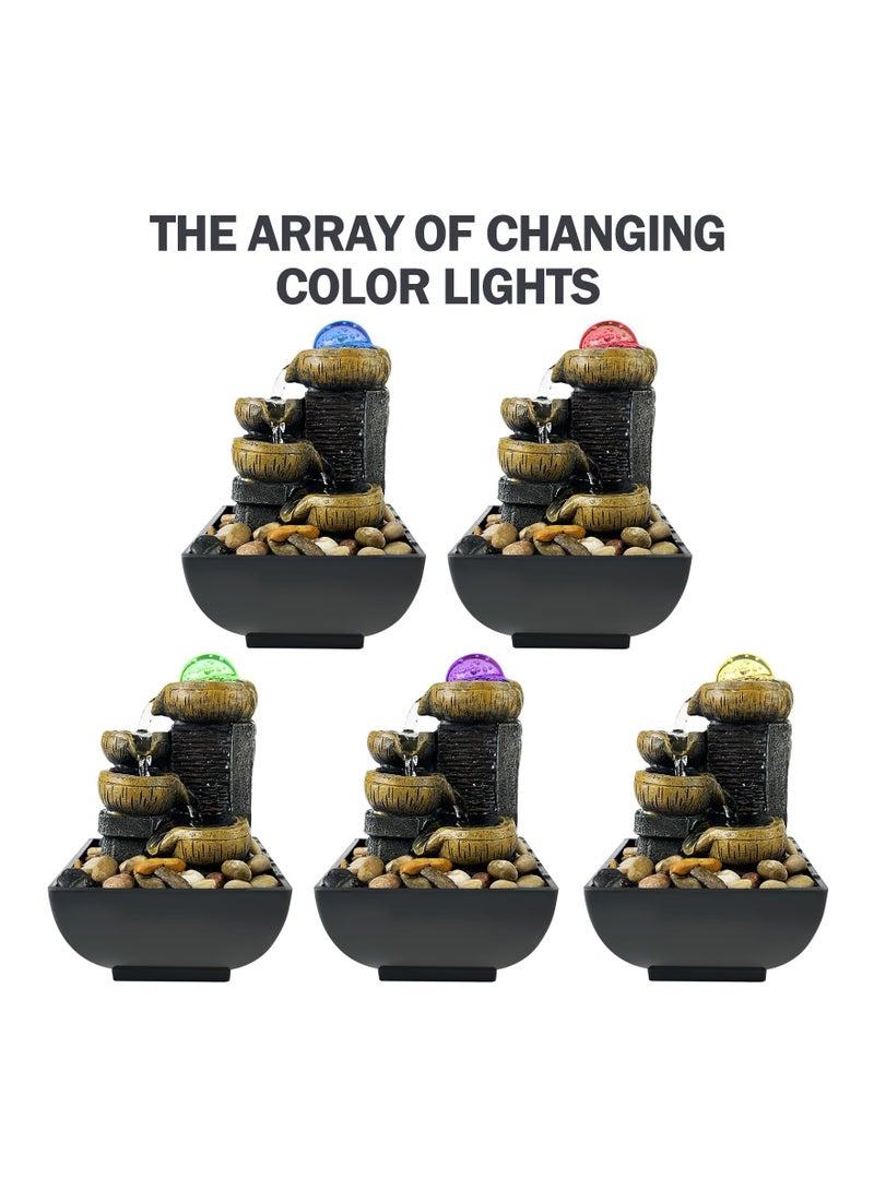 Tabletop Fountain 4 Tier Waterfall Function Indoor Zen Meditation Desktop Rocks Decorated with Colored Lights and Rolling Ball for Home Office Decoration  - Image 4