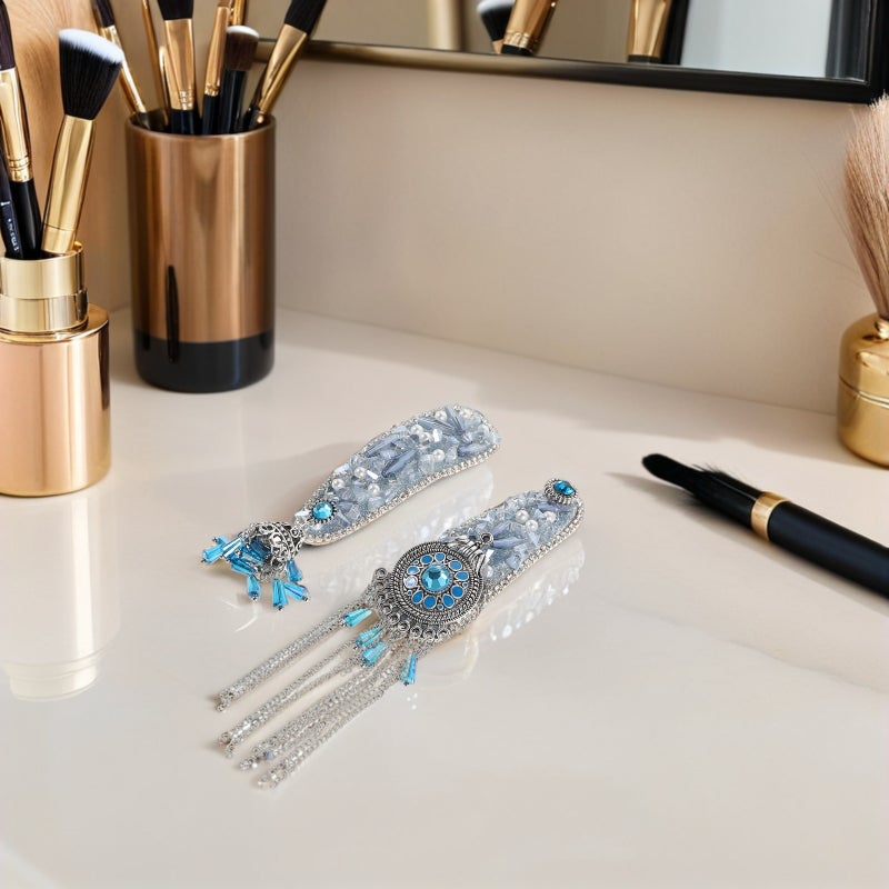 2pcs Sparkly Rhinestone Tassel Hair Clips With Simulation Ethnic Fringe Barrette Wedding Hair Accessories For Parties And Daily Styling - Image 2