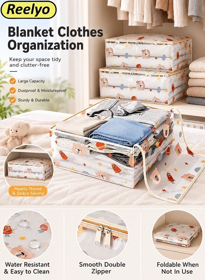 Reelyo Clothes Storage Bags for Closet Organizers, Foldable Large Storage Bins with Reinforced Handles & Clear View Window, Sturdy Zipper Cute Large Capacity Storage Containers for Blankets, Bedding, Comforters, Seasonal Clothing & Linens (Transparent Cartoon Pattern） - Image 1
