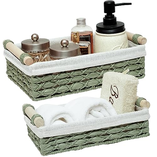 DUO ER DUOER Storage Basket Wicker Baskets for Organizing with Handle Decorative Storage Bins for Countertop Toilet Paper Storage Basket for Toilet Tank Top Small Baskets Set (Set of 2,Green) - Image 1