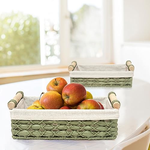 DUO ER DUOER Storage Basket Wicker Baskets for Organizing with Handle Decorative Storage Bins for Countertop Toilet Paper Storage Basket for Toilet Tank Top Small Baskets Set (Set of 2,Green) - Image 2