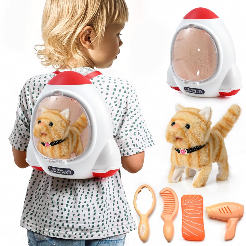 WorWoder Electronic Interactive Plush Cat Battery Operated Mechanical Walking Little Pet Kitten with a Cute Bag Meow Tail Wagging Stretching Companion Animal for Toddlers Kids - Image 3