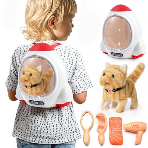 WorWoder Electronic Interactive Plush Cat Battery Operated Mechanical Walking Little Pet Kitten with a Cute Bag Meow Tail Wagging Stretching Companion Animal for Toddlers Kids - Image 1