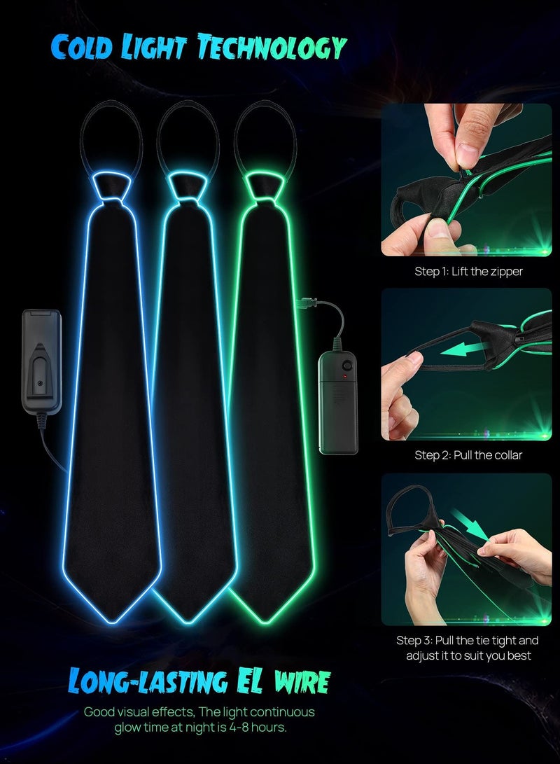 KASTWAVE 3 Pieces LED Light Up Ties for Men Adjustable Novelty Neckties Glow Necktie Neon in the Dark, Bars Party Show Costume Accessory Green, light blue, blue. - Image 3