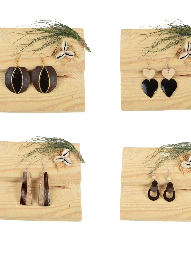 N & H Eco- Friendly Coconut Shell Handmade Earrings Set of 4 - Lightweight Hoop Wire Earrings - Image 1