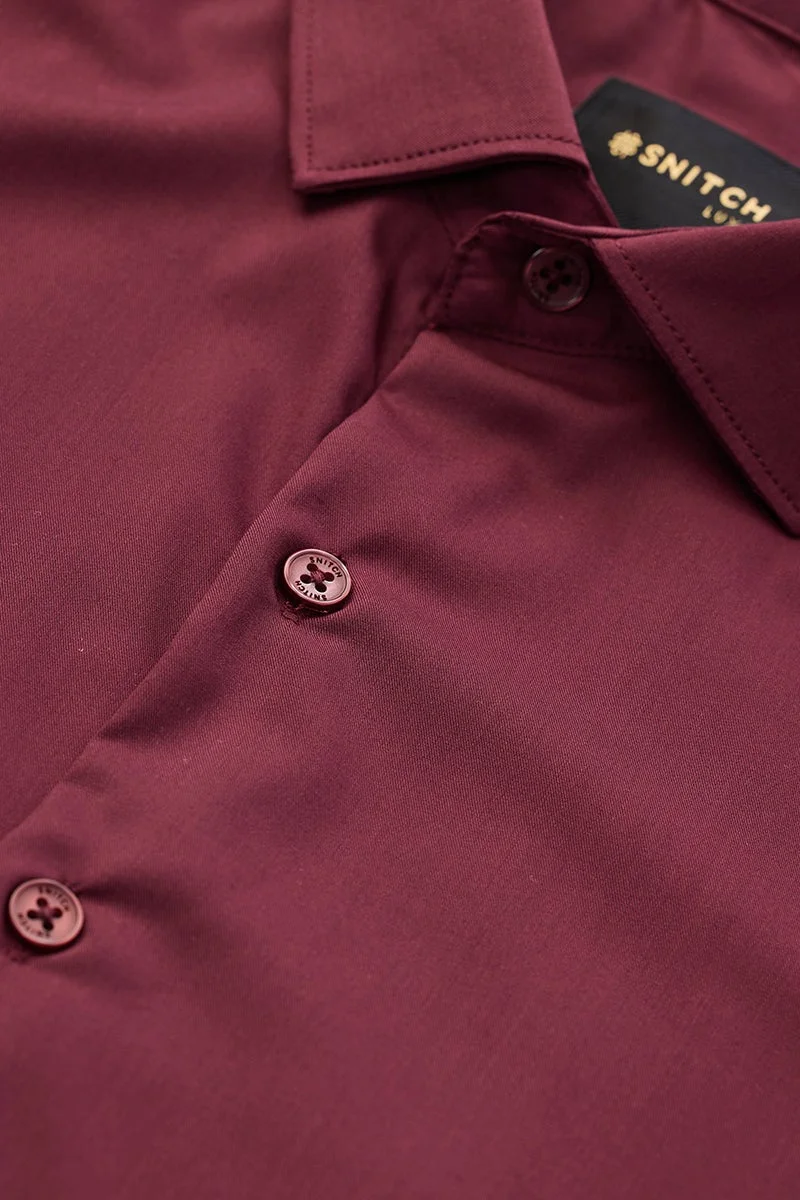 SNITCH Burgundy Solid Long Sleeve Slim Fit Luxe Shirt