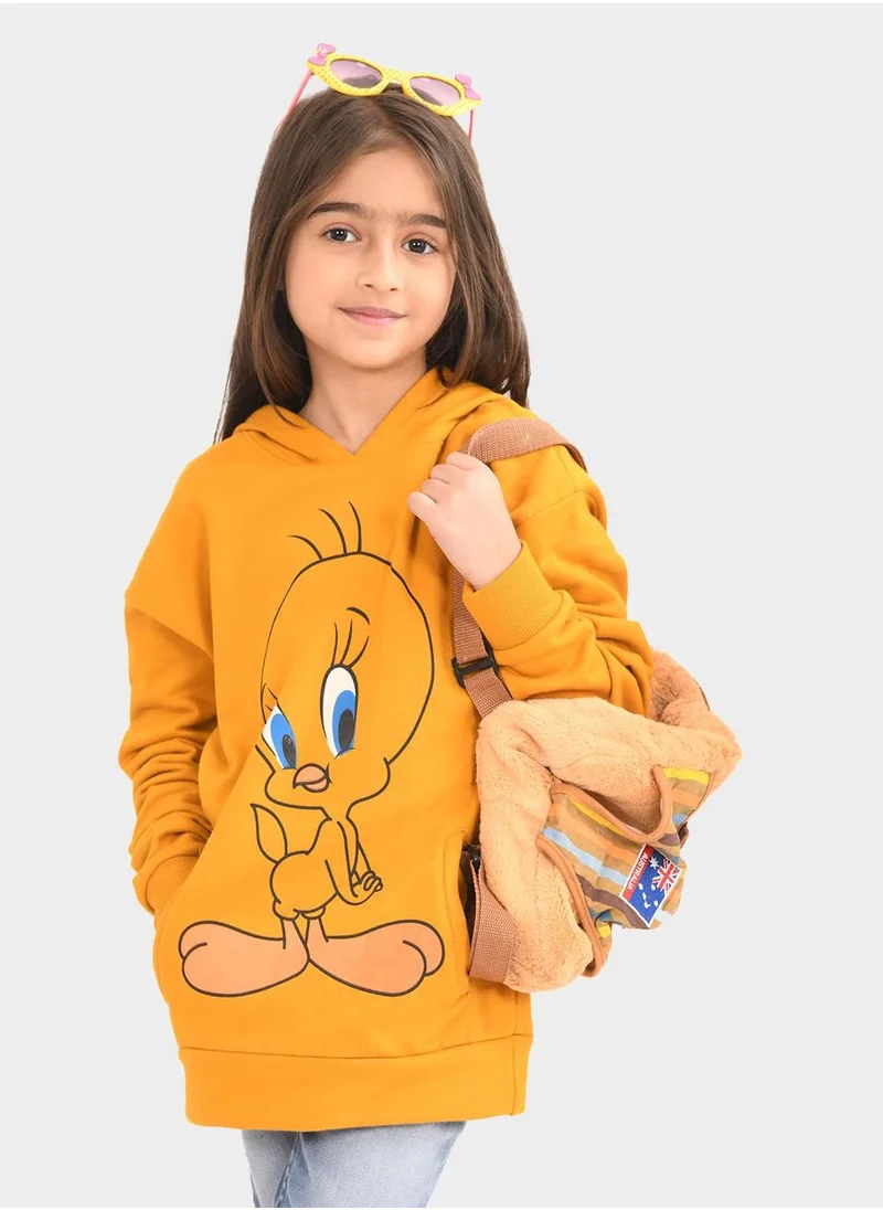 بونكيدز Regular Fit Printed Yellow Cotton Sweatshirt For Girls Round Neck Flat Collar Pull On 100 % Cotton