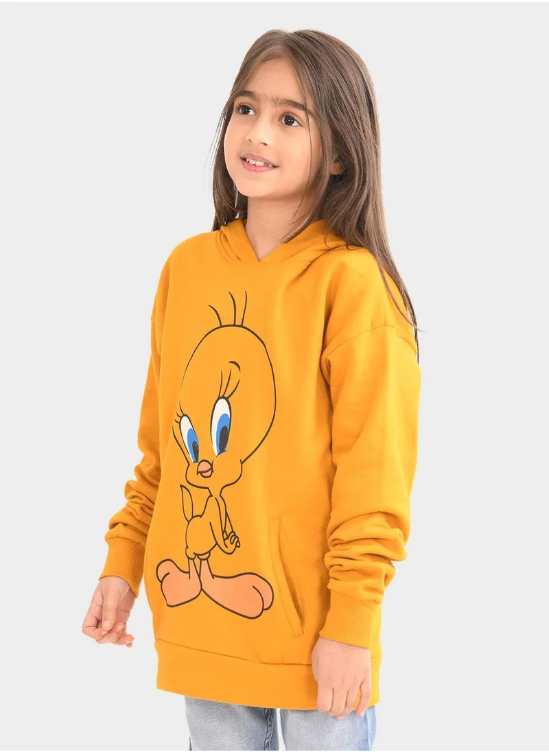 بونكيدز Regular Fit Printed Yellow Cotton Sweatshirt For Girls Round Neck Flat Collar Pull On 100 % Cotton