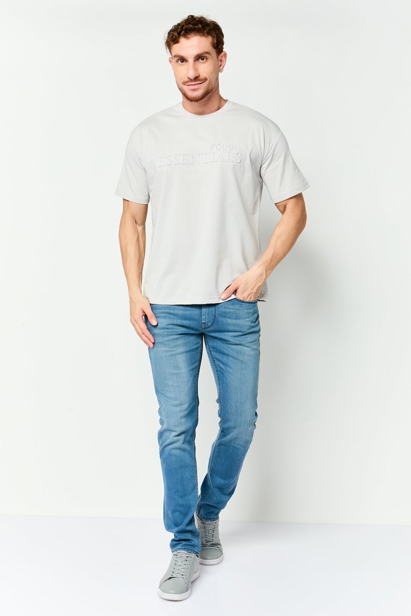 Fudo Men Crew Neck Short Sleeve Embossed Logo T-Shirt, Light Grey - Image 2