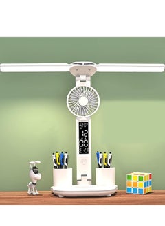 LED Dual Head Desk Lamp, 7 in 1 Multi-Function Desk Lamp, USB Charging Port Touch Control, with Fan, for Computer Desktop, Kids Study Reading Lamp, Home, Office, White