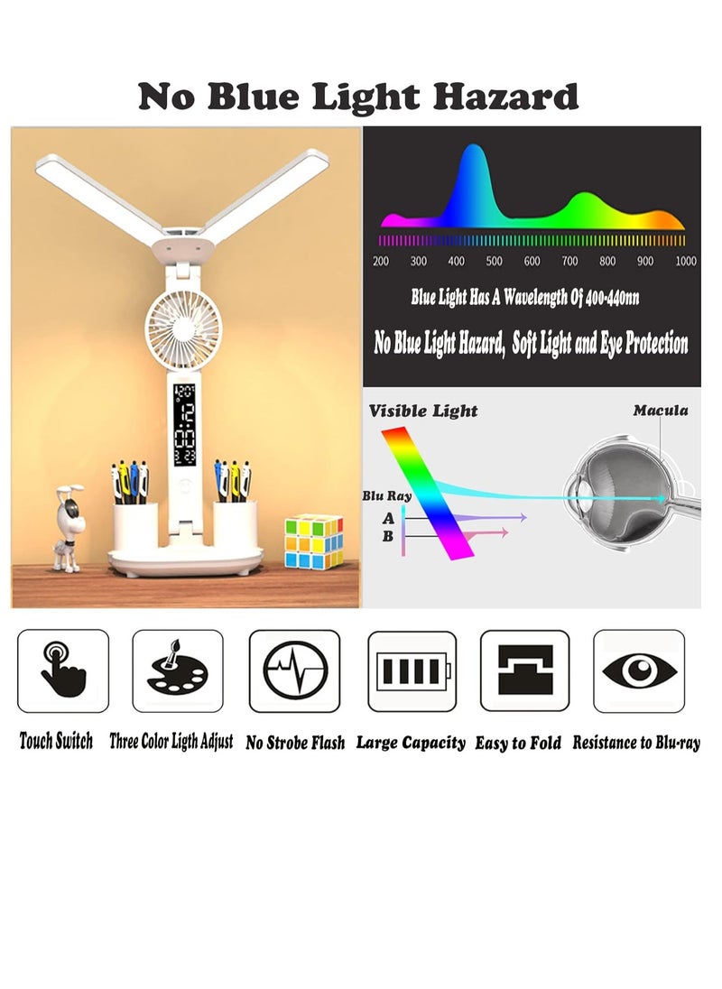 Rightsure - LED Dual Head Desk Lamp, 7 in 1 Multi-Function Desk Lamp, USB Charging Port Touch Control, with Fan, for Computer Desktop, Kids Study Reading Lamp, Home, Office, White - Image 1