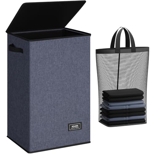 SOLEDI Laundry Hamper with Lid 90L Large Tall Collapsible Laundry Basket Clothes Hamper with Bag Removable Easy to Carry Dirty Hampers for Bedroom Bathroom Dorm College Navy Blue - Image 1