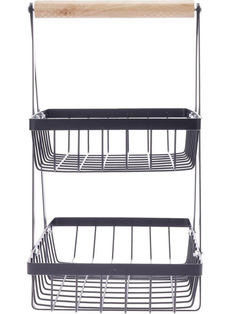 HOME DWELL 2-Tier Fruit Basket & Vegetable Stand (Black Metal) | Countertop Storage Organizer with Wooden Handle | Space-Saving Bread & Produce Display Holder - Image 4
