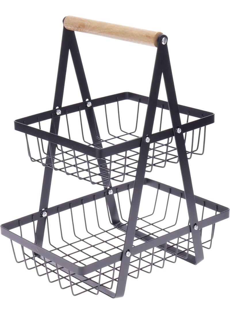 HOME DWELL 2-Tier Fruit Basket & Vegetable Stand (Black Metal) | Countertop Storage Organizer with Wooden Handle | Space-Saving Bread & Produce Display Holder - Image 1