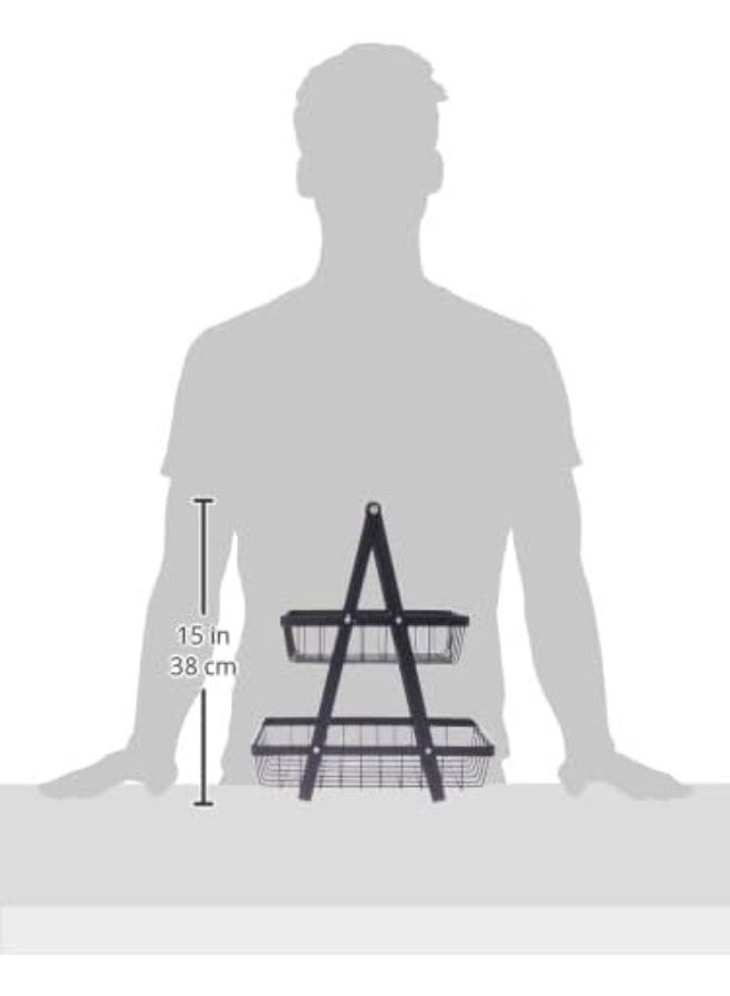 HOME DWELL 2-Tier Fruit Basket & Vegetable Stand (Black Metal) | Countertop Storage Organizer with Wooden Handle | Space-Saving Bread & Produce Display Holder - Image 2