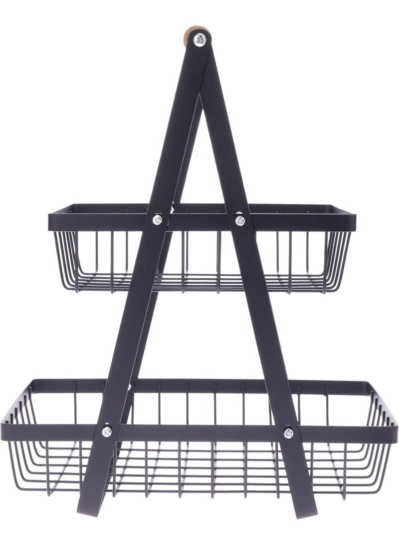 HOME DWELL 2-Tier Fruit Basket & Vegetable Stand (Black Metal) | Countertop Storage Organizer with Wooden Handle | Space-Saving Bread & Produce Display Holder - Image 3