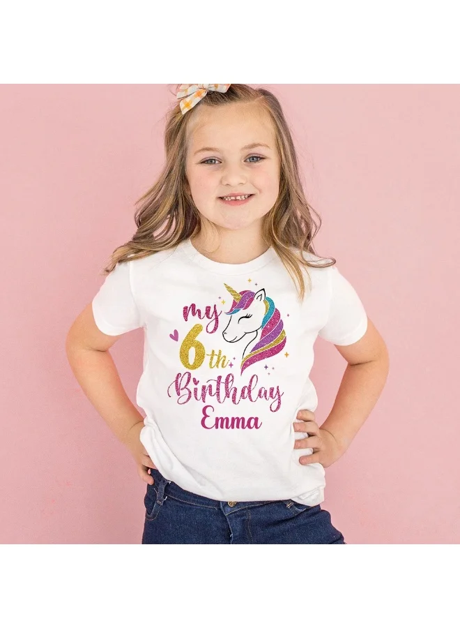 ماتشينج فاميلي اوتفيتس Personalised Unicorn happy birthday printed Kids name T-shirts  | Cotton Half-Sleeve|White