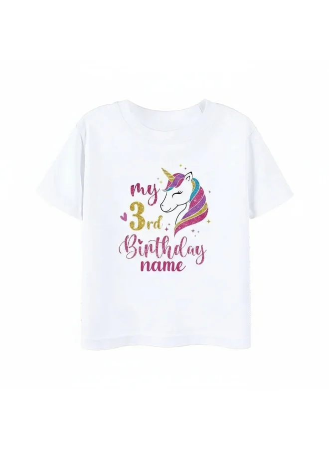 ماتشينج فاميلي اوتفيتس Personalised Unicorn happy birthday printed Kids name T-shirts  | Cotton Half-Sleeve|White