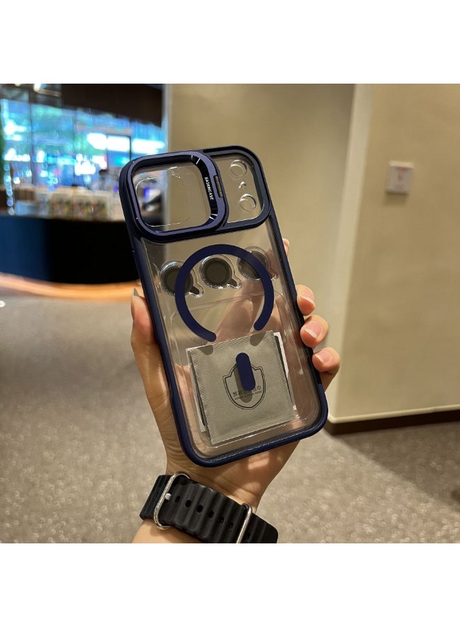 غطاء مغناطيسي لجهاز iPhone 17 Pro Max مع حامل قابل للطي، [متوافق مع MagSafe] غطاء واقٍ شفاف وناعم مع حماية عدسة الكاميرا وحامل مدمج لجهاز iPhone 17 Pro Max مقاس 6.9 بوصة، باللون الأزرق الداكن