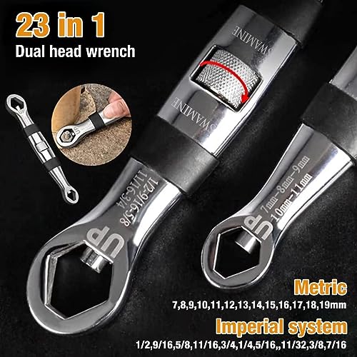 SWAMINE Universal Wrench 23 In 1 Dual Head Metric Imperial Wrench Set Ratchet Adjustable Wrench 7-19 Mm Spanner Flexible Multifunctional Hand Tool for Car Repair - Image 2