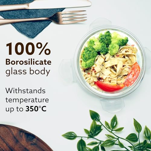 AGARO Elite Borosilicate Glass Lunch Box, 3pcs Set, 400ml Each, Office Tiffin Box with Bag, Men & Women, Round Shaped, Leak Proof & Airtight Locking Lid, Microwave & Freezer Safe, Transparent - Image 3