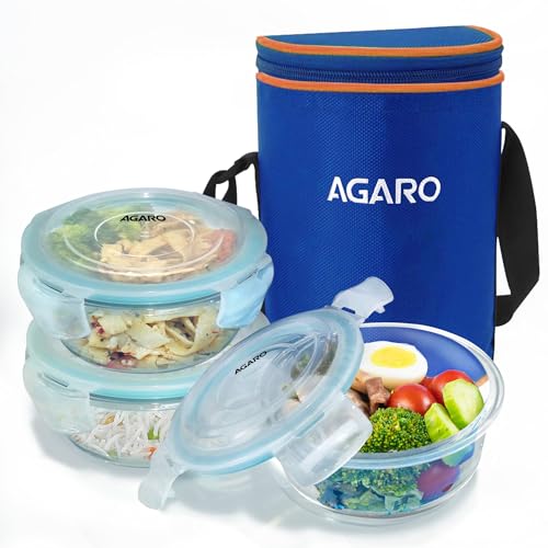AGARO Elite Borosilicate Glass Lunch Box, 3pcs Set, 400ml Each, Office Tiffin Box with Bag, Men & Women, Round Shaped, Leak Proof & Airtight Locking Lid, Microwave & Freezer Safe, Transparent - Image 1
