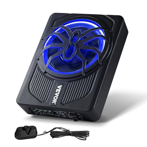 VEVOR 10" 440W Underseat Car Subwoofer, Slim Powered Car Subwoofers with Blue Ambient Light, Low Profile Audio Sub Under The Seat with Built-in Amplifier, Remote Controller for SUVs, Car, Truck, RV - Image 1
