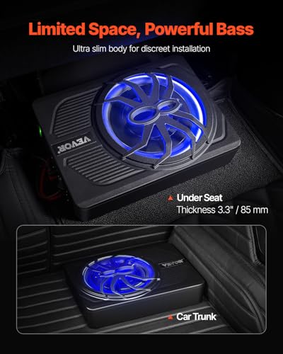 VEVOR 10" 440W Underseat Car Subwoofer, Slim Powered Car Subwoofers with Blue Ambient Light, Low Profile Audio Sub Under The Seat with Built-in Amplifier, Remote Controller for SUVs, Car, Truck, RV - Image 2