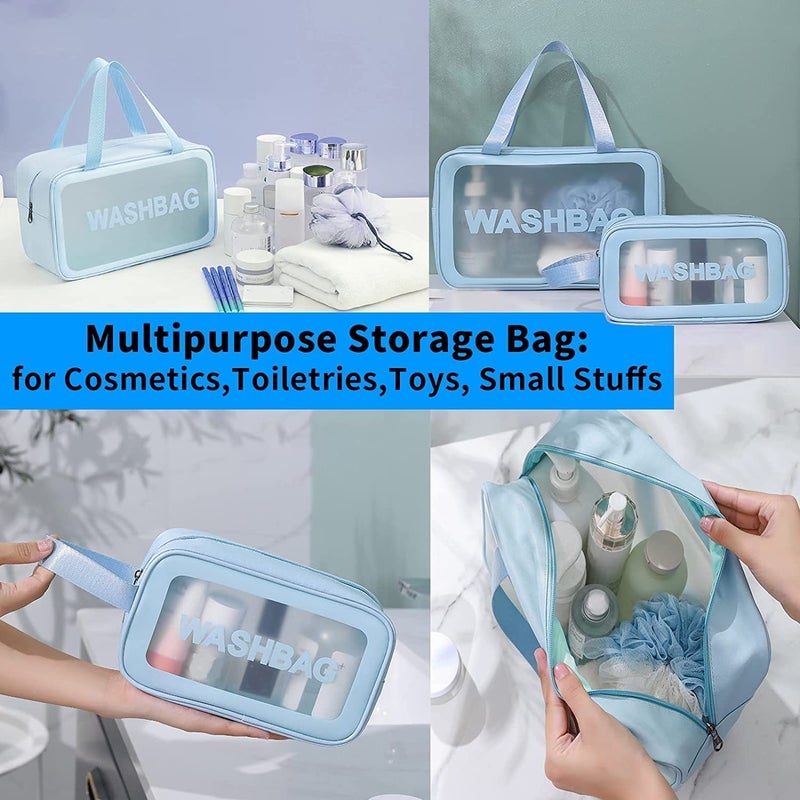 Gritty Wash Bag Pouch for Travel Kit Toiletry Bag Cosmetic Bag Make Up Box for Brushes,Accessories with Handle,Large Capacity Translucent Waterproof Travel Mini Size Pack of 2 (Sky Blue) - Image 2