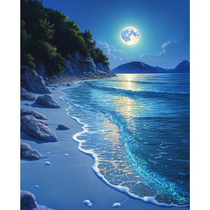 obterie Beach Moonlight Paint by Numbers Kit for Adults Beginner Ocean Oil Painting Kit Adult Paint by Number Kits on Canvas Moon DIY Painting for Beginners Art by Numbers for Gifts Home Wall Decor 16x20 Inch - Image 1