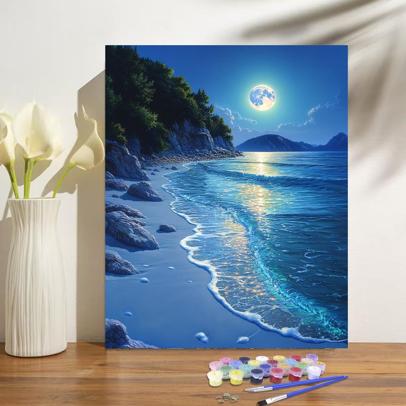 obterie Beach Moonlight Paint by Numbers Kit for Adults Beginner Ocean Oil Painting Kit Adult Paint by Number Kits on Canvas Moon DIY Painting for Beginners Art by Numbers for Gifts Home Wall Decor 16x20 Inch - Image 2