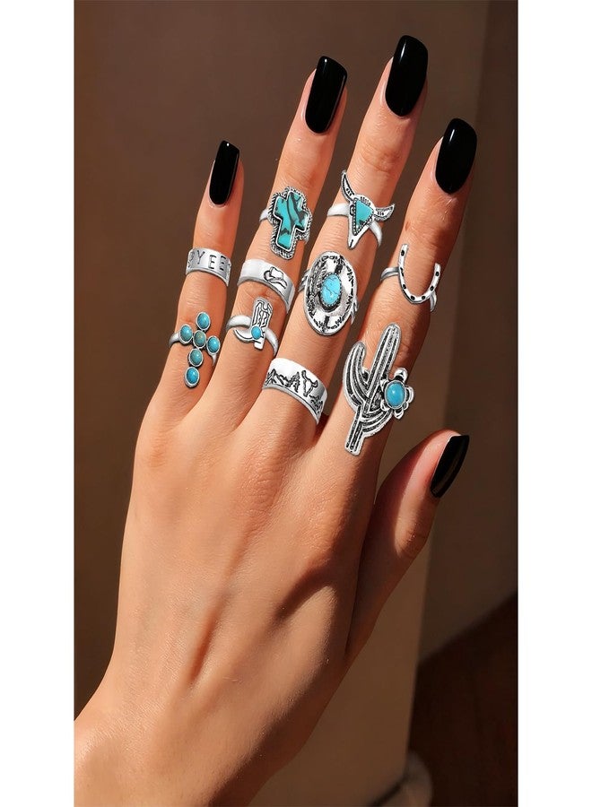 BVGA 30Pcs Vintage Silver Knuckle Rings Set for Women Men Teen Girls, Western Cowgirl Cowboy Stackable Joint Finger Rings Retro Carved Stone Stacking Midi Adjustable Rings Bohemian Turquoise Boots Cross Cactus Cow Head Rings Pack - Image 5