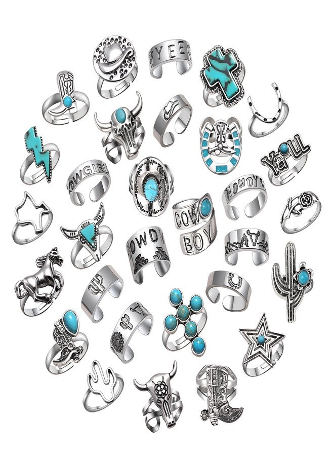 BVGA 30Pcs Vintage Silver Knuckle Rings Set for Women Men Teen Girls, Western Cowgirl Cowboy Stackable Joint Finger Rings Retro Carved Stone Stacking Midi Adjustable Rings Bohemian Turquoise Boots Cross Cactus Cow Head Rings Pack - Image 1