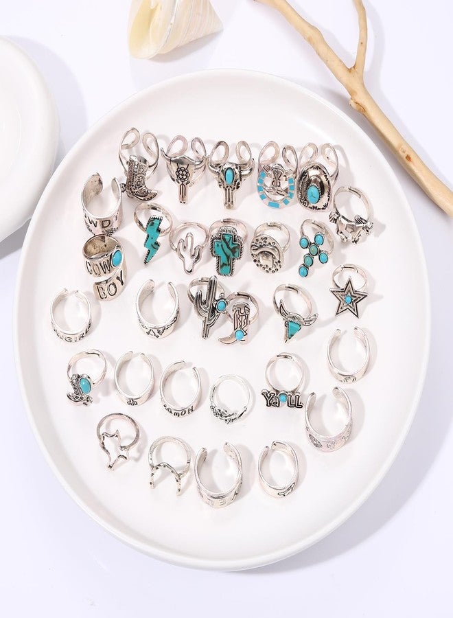 BVGA 30Pcs Vintage Silver Knuckle Rings Set for Women Men Teen Girls, Western Cowgirl Cowboy Stackable Joint Finger Rings Retro Carved Stone Stacking Midi Adjustable Rings Bohemian Turquoise Boots Cross Cactus Cow Head Rings Pack - Image 4
